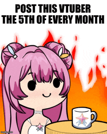 a cartoon of a girl sitting at a table with the words post this vtuber the 5th of every month on the bottom