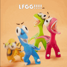 a group of cartoon dinosaurs are standing next to each other with their mouths open and the words lfgg written above them