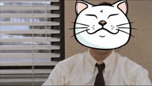 a man in a white shirt and tie with a cat face on his face