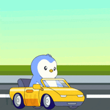 a cartoon penguin is driving a yellow car on a road