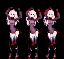 three anime girls with their arms in the air