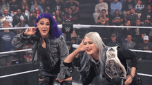 two women in a wrestling ring with the letter w on the rope