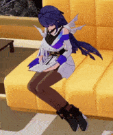 a cartoon character is sitting on a yellow couch