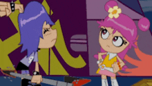 a cartoon girl with purple hair is standing next to a pink girl