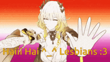 a cartoon of a girl with a laurel wreath on her head giving a high five