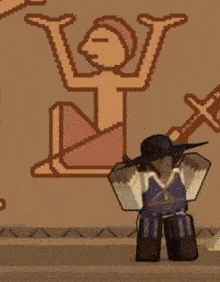a pixel art of a woman holding a sword in front of a painting of a man holding a sword .