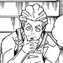 a black and white drawing of a man with a surprised look on his face .