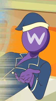 a purple cartoon character with a white w on his face