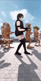 a woman in a black outfit is standing in front of a row of planters with the word viggles on the bottom