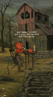 a cartoon drawing of a pumpkin sitting at a table
