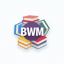 a logo for bwim with a stack of books and fireworks