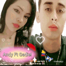 a man and a woman are standing next to each other with the words andy ft gadel above them