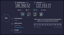 a screenshot of a speed test shows that the download speed is 185,350.52 while the upload speed is 132,153.22