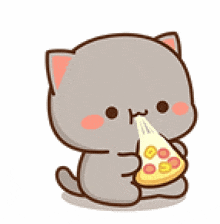 a cartoon cat is holding a slice of pizza in its paws .