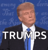 donald trump is wearing a suit and tie and making a funny face while giving a speech .