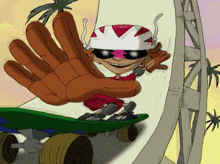 a cartoon character wearing a helmet and sunglasses is riding a skateboard down a slide