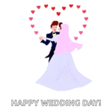 a happy wedding day greeting card with a bride and groom dancing surrounded by pink hearts .
