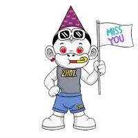 a cartoon character wearing a party hat and sunglasses holds a flag that says miss you