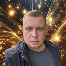 a man in a black jacket stands in front of a glowing background