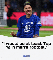 a female soccer player wearing a blue shirt with the number 3 on it