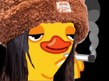 a duck with long hair wearing a brown hat smoking a cigarette
