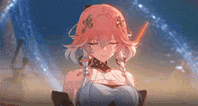 a girl with pink hair is holding a sword in her hand and looking down .