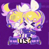 a purple background with a cartoon character and the words " us " on it