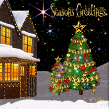 a christmas card that says season 's greetings with two christmas trees in front of a house
