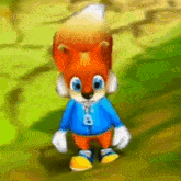 a cartoon squirrel is wearing a blue jacket with the letter b on it