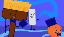a cartoon drawing of a brush a marshmallow and an orange wearing top hats and bow ties