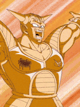 a cartoon drawing of a man in a gold armor with an arrow on his chest