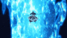 a person in a kimono is flying through the air with a sword in their hand