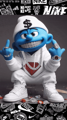 smurf wearing a white hoodie and a white beanie with a dollar sign on his hat