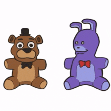 a brown teddy bear and a purple stuffed bunny with a bow tie