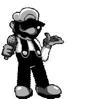 a black and white pixel art of mario holding a microphone in his hands .