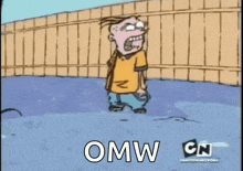 a cartoon character is standing in front of a fence with the word omw written on it .