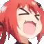 a pixel art of a girl with red hair making a funny face with her mouth open .