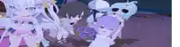 a group of anime girls standing on a beach with purple flowers
