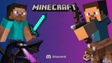 a purple and blue background with minecraft characters