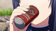 a girl is drinking from a can of coffee that says original blend