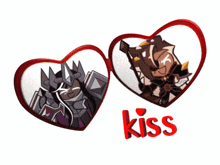 a couple of hearts with the word kiss in red