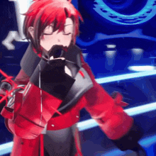 a girl with red hair and a red jacket is dancing