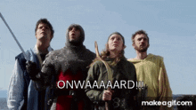 a group of people are standing in front of a blue sky with the words onwaaard written on the bottom