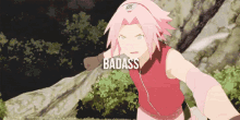 a girl with pink hair is standing in front of a tree and the word badass is written on the bottom .