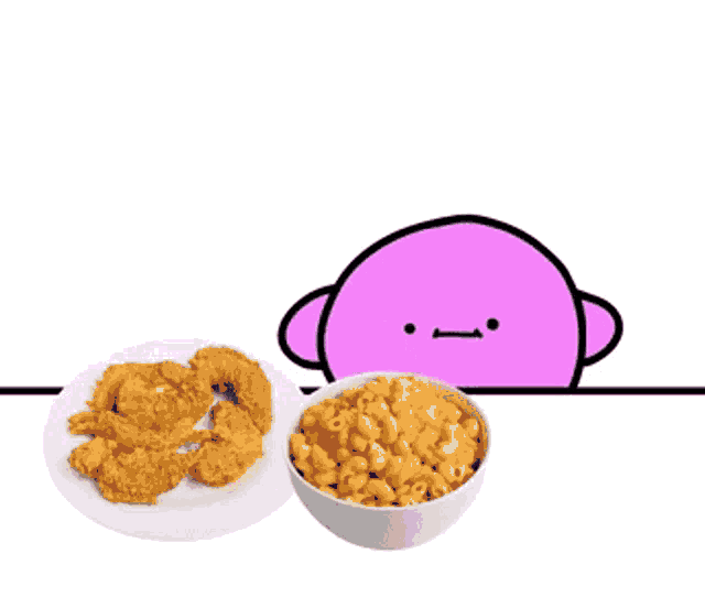 gif of Kirby looking fella with a bowl of macaroni and plate of chicken strips disappearing in ecstasy and joy at the glorious food combo