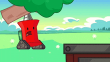 a cartoon drawing of a red object with a face and a tree in the background