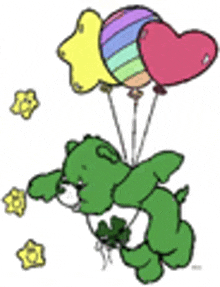 a care bear is flying through the air with balloons .