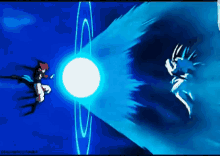 a cartoon character is fighting another character with a blue light coming out of it .
