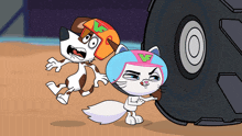 a cartoon of a dog and a cat wearing a helmet with the letter g on it