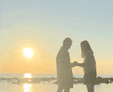a man and a woman standing on a beach looking at the sunset